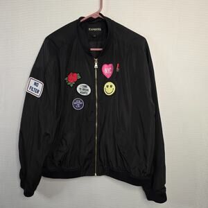 Express Black Bomber Jacket XL Patch Graphic Statement Jacket